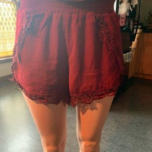 tobi maroon flowy shorts with lace trim